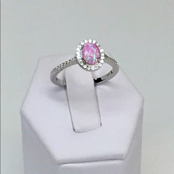 Sterling Pink Lab Opal and Clear CZ Oval Halo Ring - Picture 5 of 16